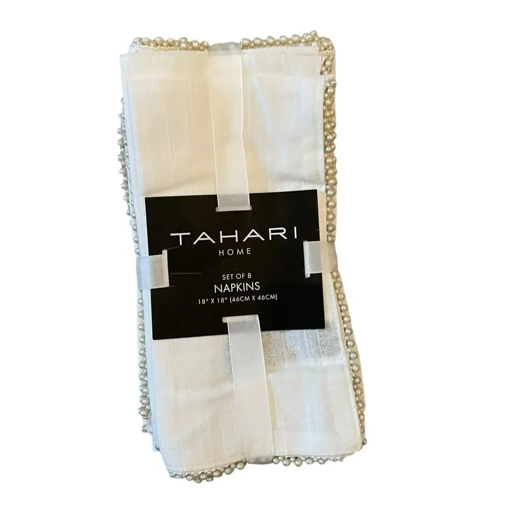 TAHARI White Cotton Dinner Napkins 18x18 Set of 8 Faux Pearl Trim Holiday Glam